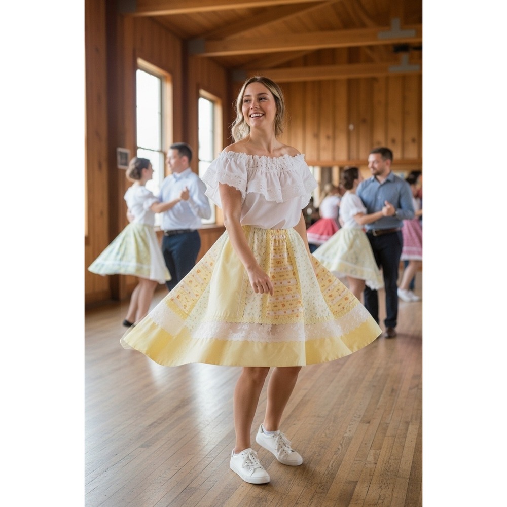 Vtg Square Dance Set Henderson's White Lace Top Carefree Fashions Yellow Skirt